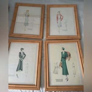 Set of 4-Original French Vintage Fashion Croquis; framed; light wood.